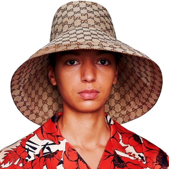 Gucci GG Monogram Bucket Hat Wide Large Brim Beige Canvas Jacquard Sun Coverage - Picture 11 of 16